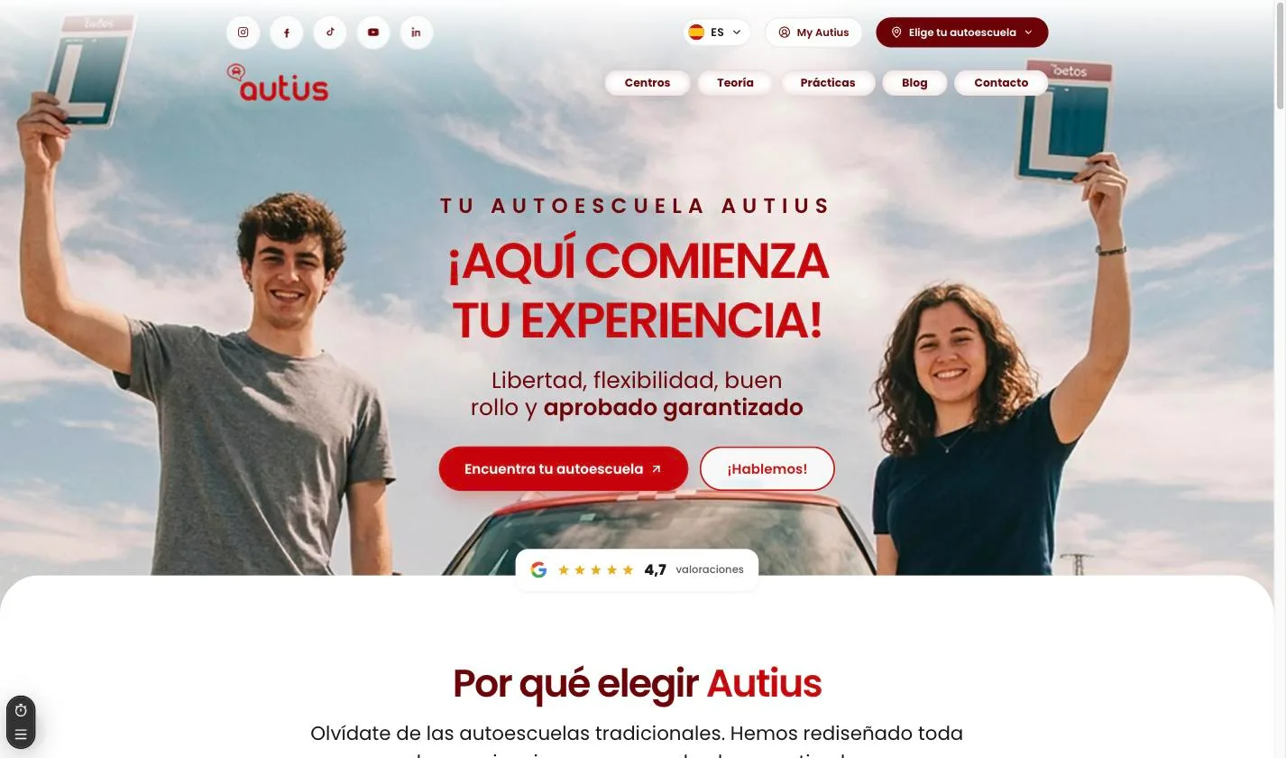 Autius driving school platform homepage